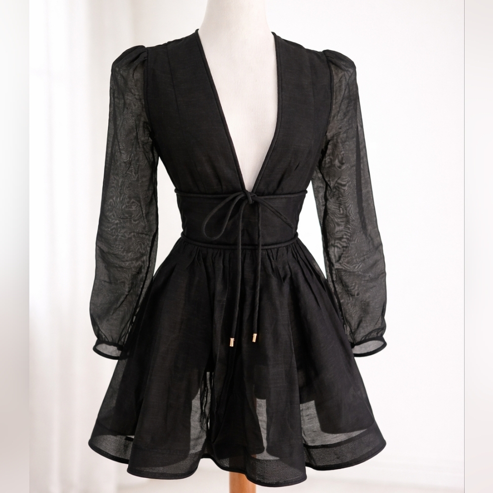 Zimmermann Black V-Neck Mini Dress with Sheer Puff Sleeves